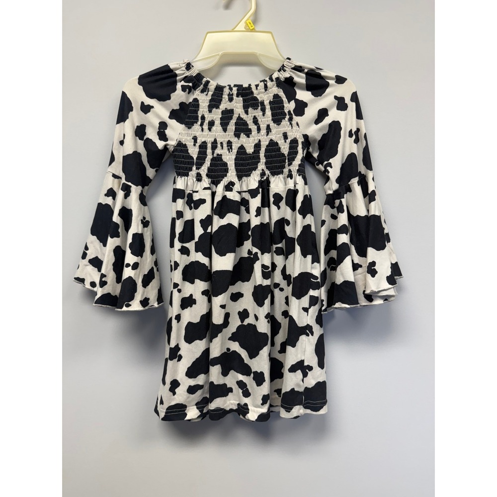 Kids Cow Print Smocked Bell Sleeve Dress Black White Western Boho Boutique